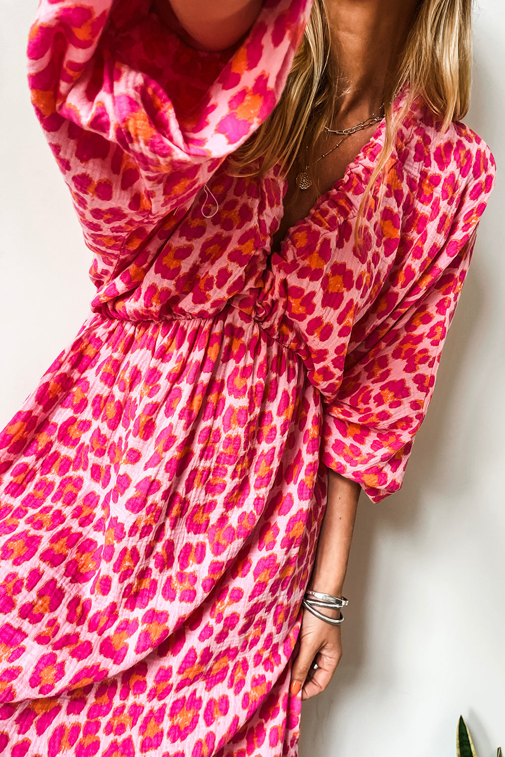 Pink Leopard Print Elasticated V Neck 3/4 Puff Sleeve Dress