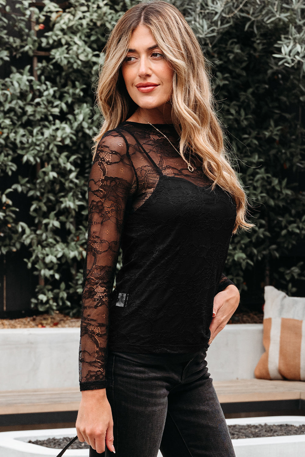 Black Lace Crochet Mesh Patched Slim Fit Long Sleeve Top