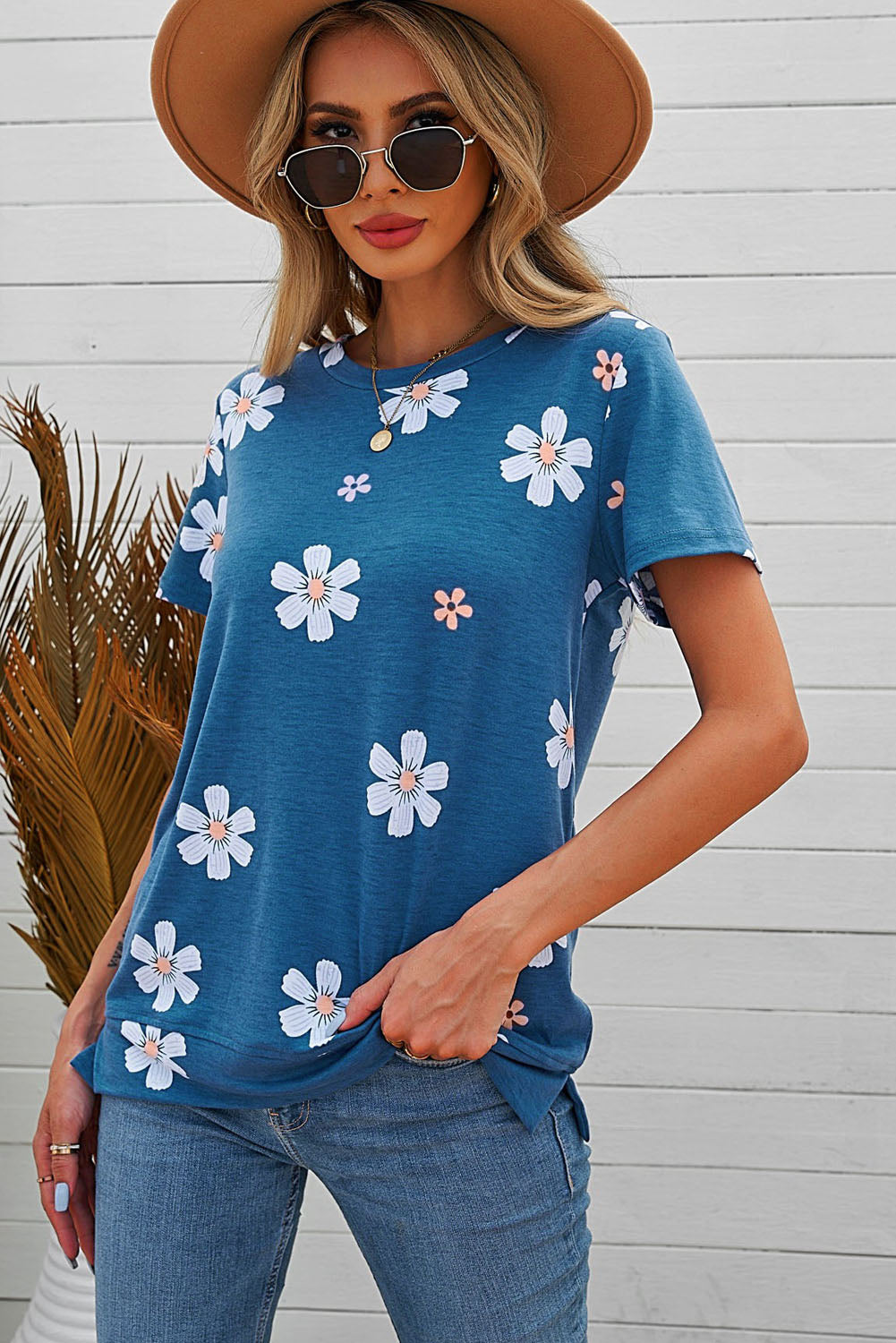 Blue Floral Pattern T-shirt