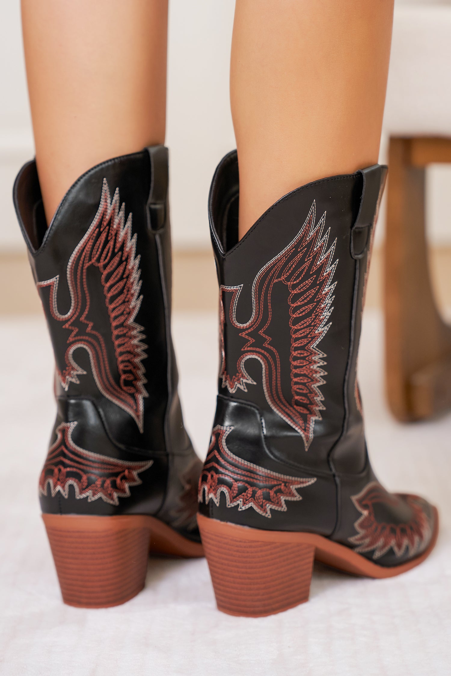 Black Western Eagle Embroidered Faux Leather Boots