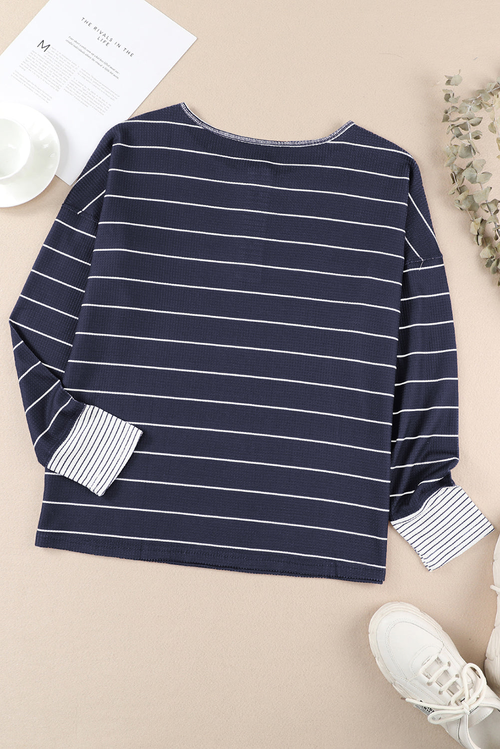 Navy Blue Striped Color Block Buttoned Waffle Knit Shirt