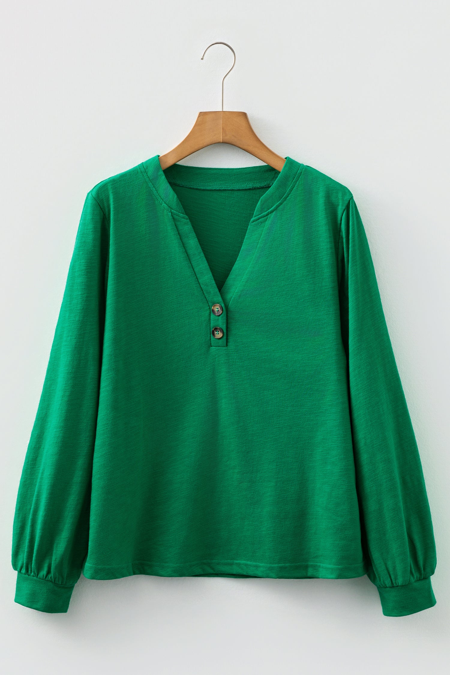 Mist Green Solid Color Button V Neck Long Sleeve Top