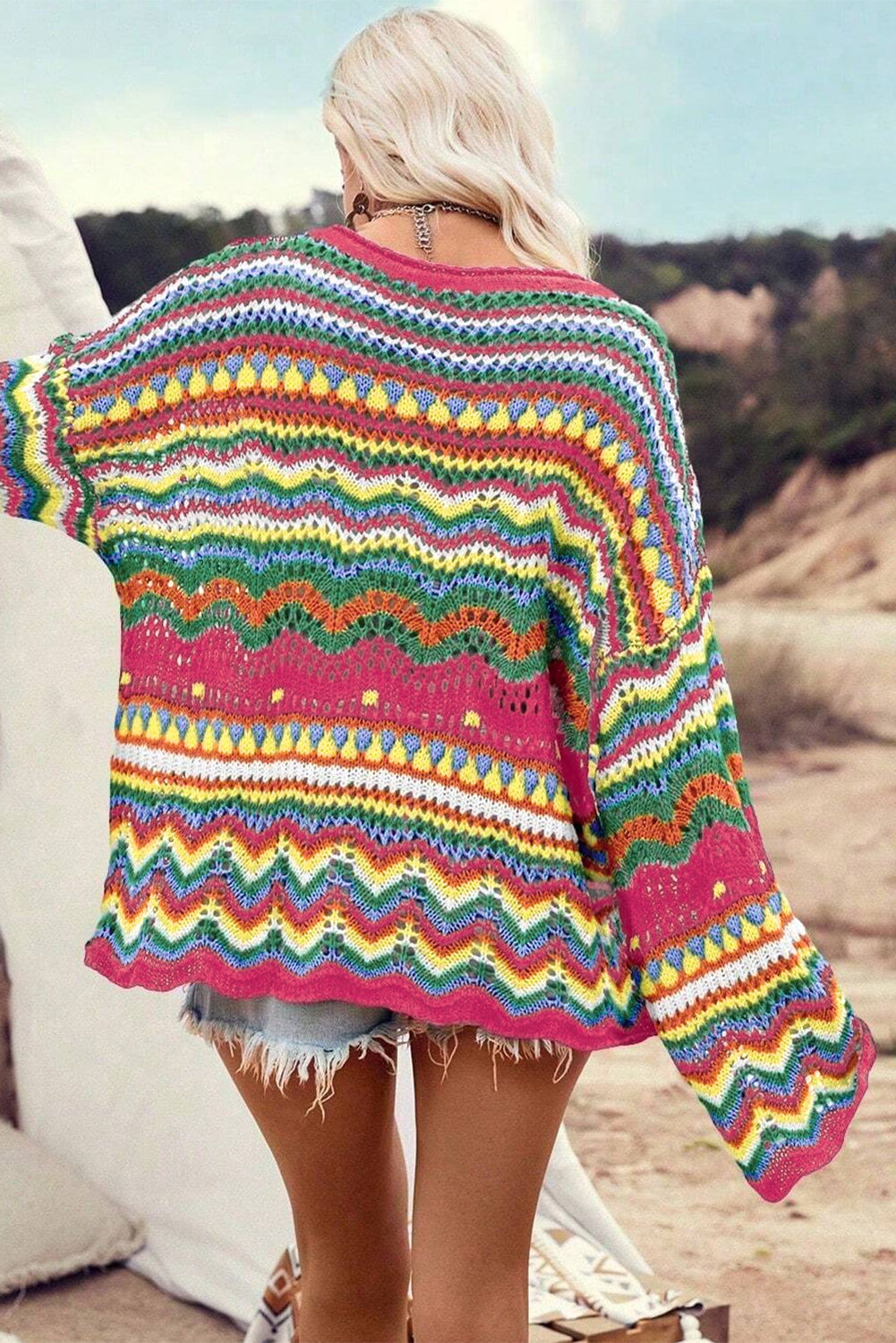 Rose Red Colorblock Striped Hollowed Knit Loose Sleeve Sweater