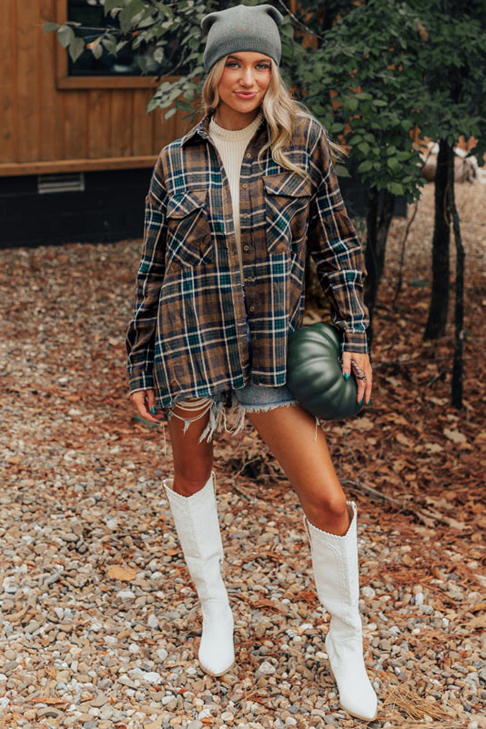 Brown Plaid Print Chest Pockets Buttoned Shirt Jacket