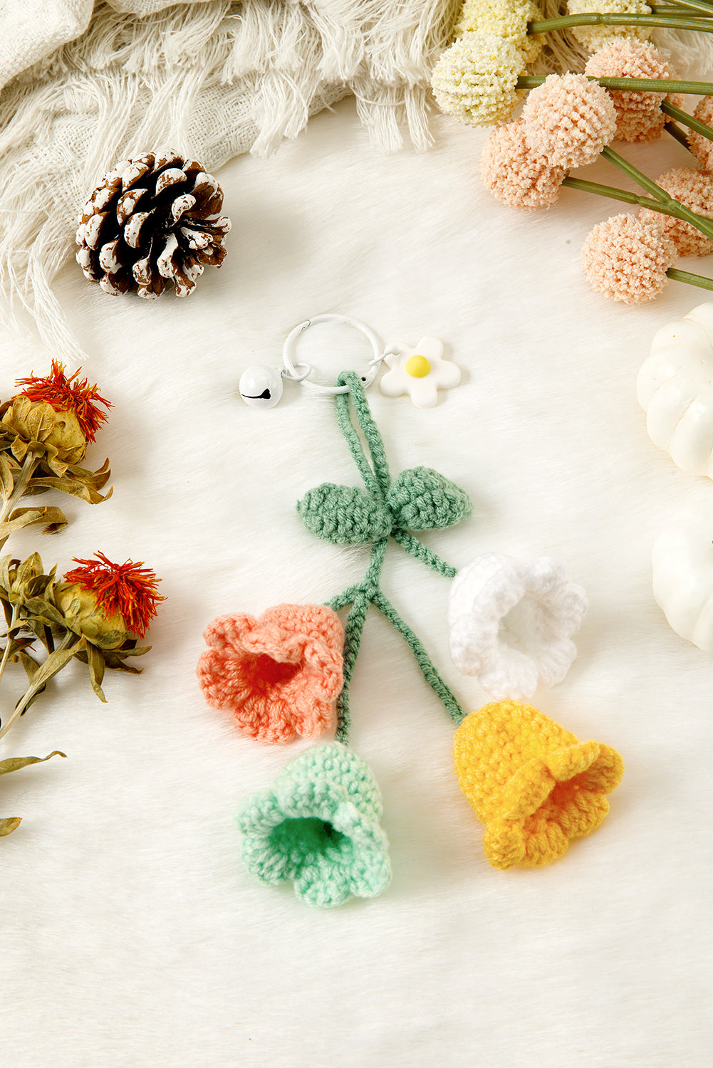 Meadow Mist Green Handmade Crochet Bell Orchid Flower Key Ring Bag Pendant