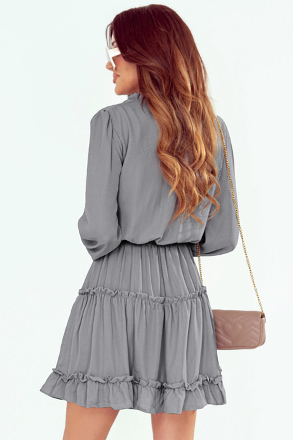 Gray V Neck Long Sleeve Ruffle Tiered Mini Dress