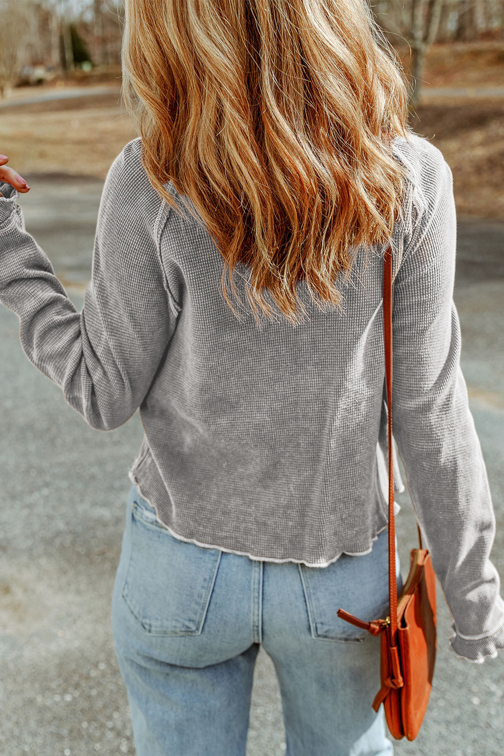 Gray Textured Round Neck Long Sleeve Top