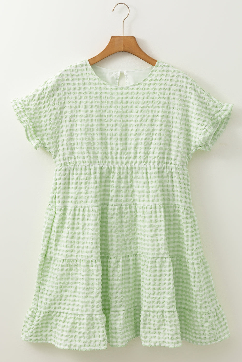 Green Stripe Textured Tiered Short Sleeve Loose Mini Dress