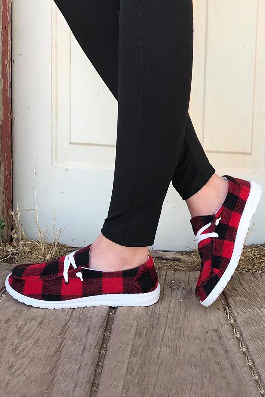 Fiery Red Vintage Plaid Lace Up Flat Shoes
