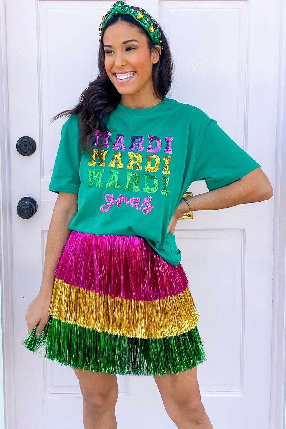 Sea Green Sequin Mardi Gras Letter Graphic T Shirt