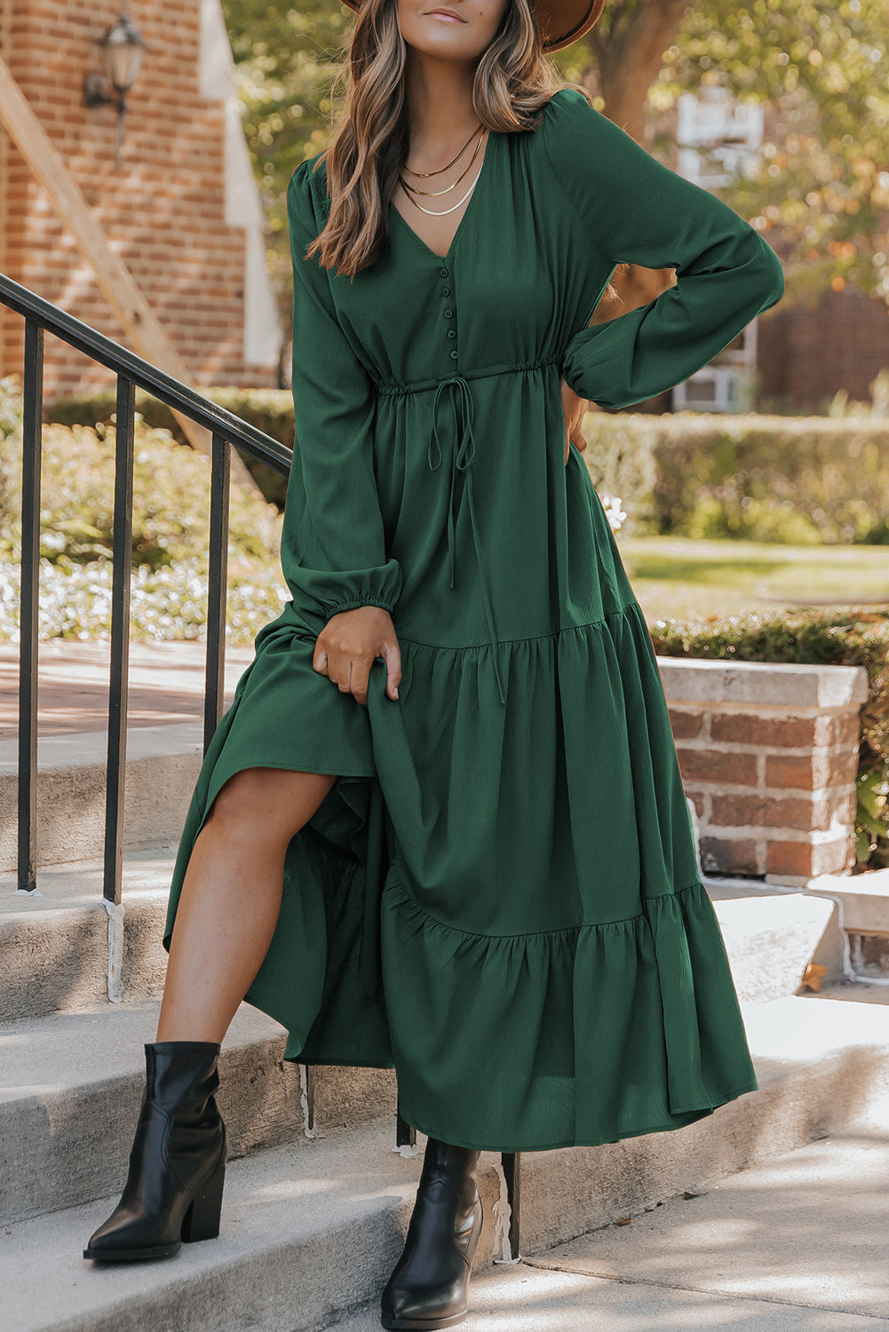 Blackish Green Solid Long Sleeve Button V Neck Tiered Maxi Dress