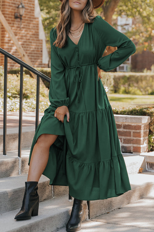 Blackish Green Solid Long Sleeve Button V Neck Tiered Maxi Dress