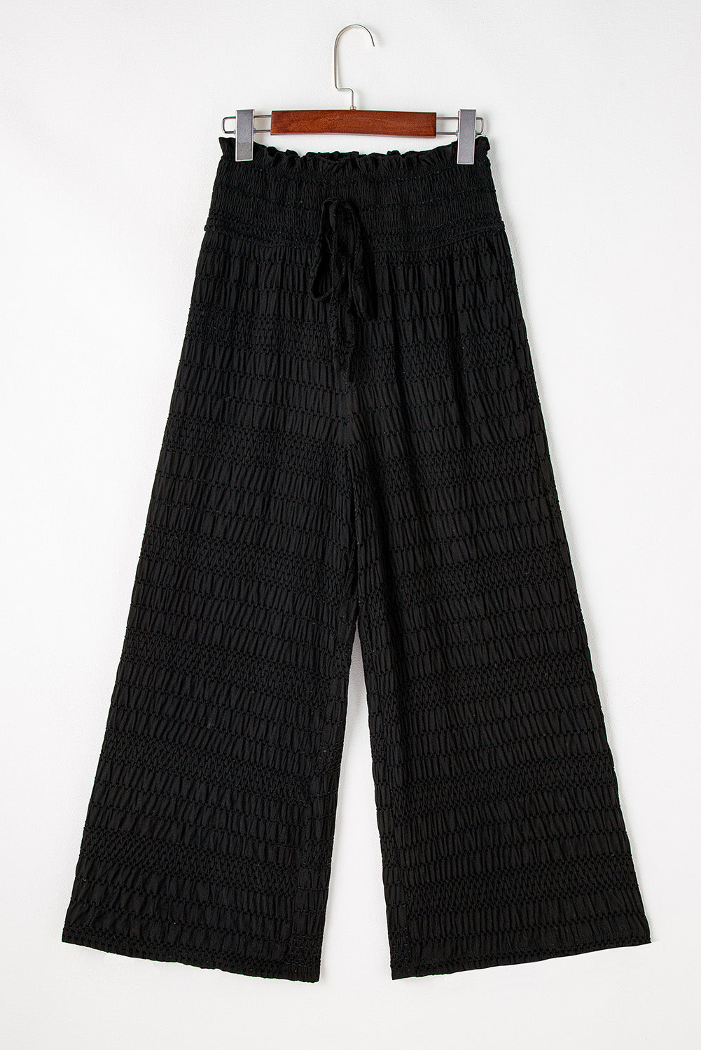 Black Textured Wide Smocked Waist Loose Pants