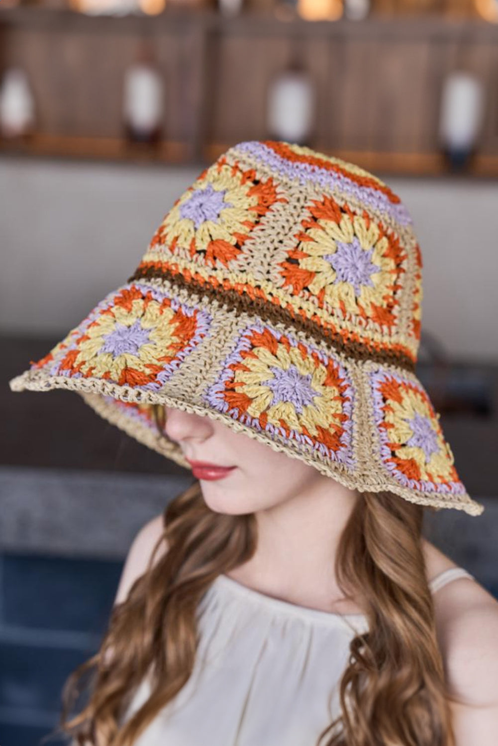 Beige Boho Flower Crochet Wide Brim Buckle Hat