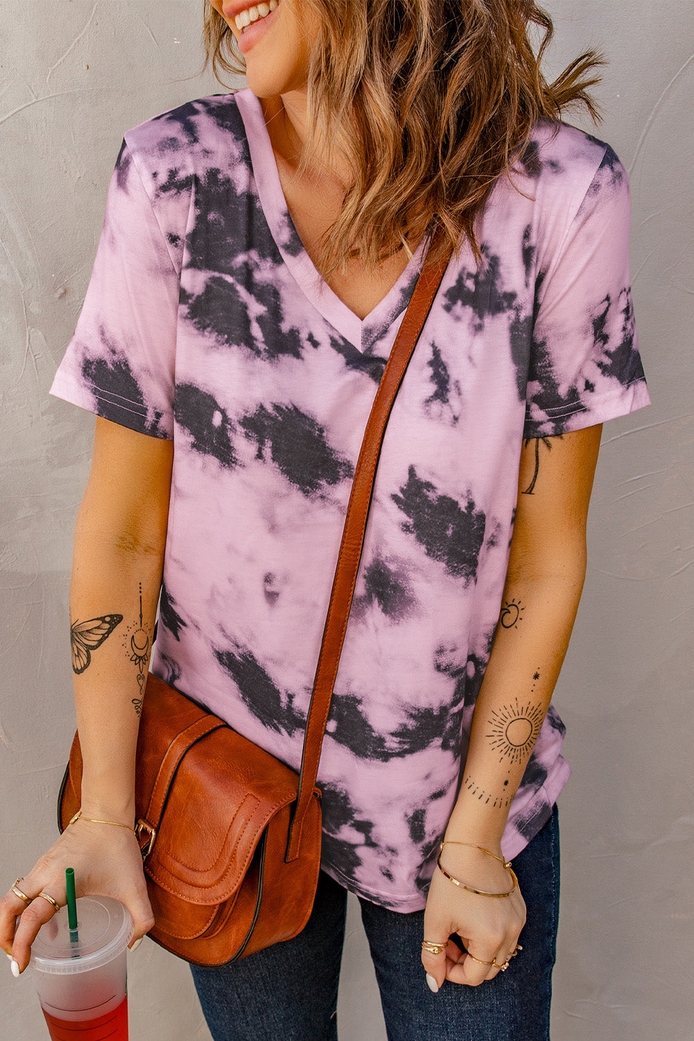 Purple Tie-dye V Neck T-shirt