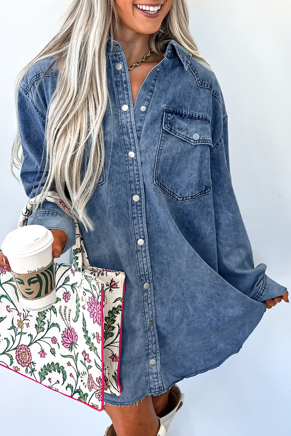 Blue Beau Chest Pocket Raw Hem Denim Loose Shirt Dress