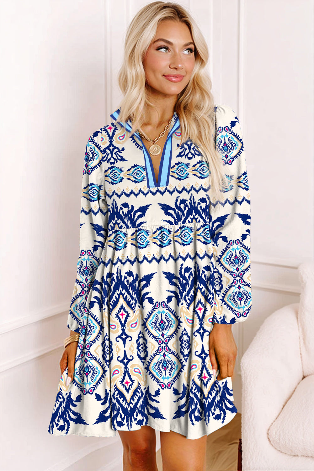 Blue Ethnic Print Striped Split Neck Long Sleeve Flowy Mini Dress
