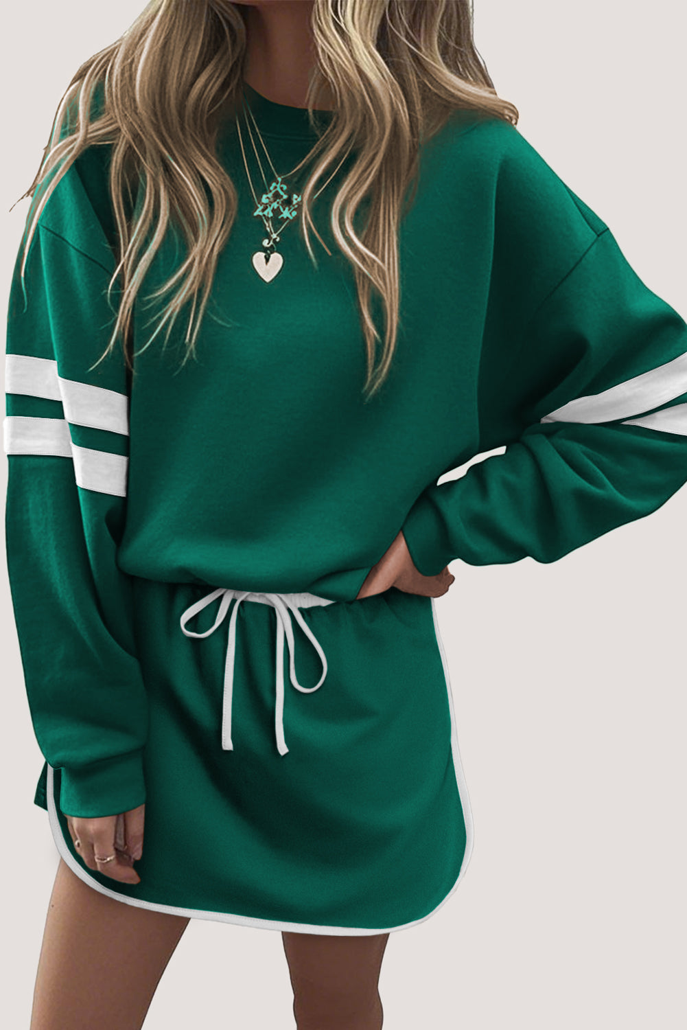 Evergreen Varsity Stripe Detail Drop Shoulder Pullover Mini Skirt Set