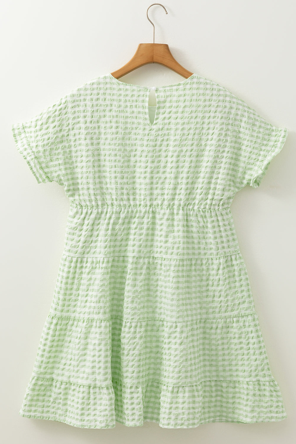 Green Stripe Textured Tiered Short Sleeve Loose Mini Dress