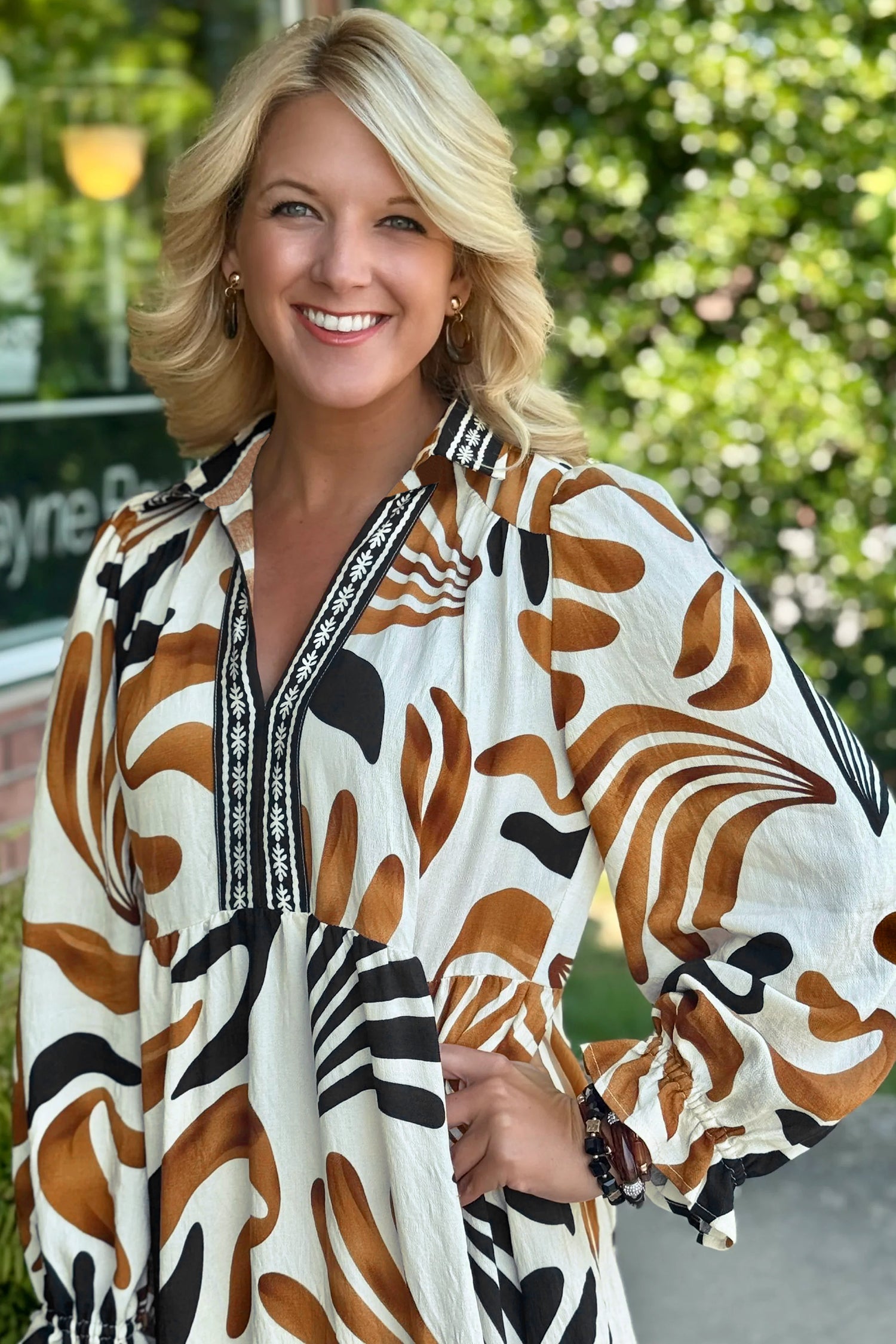 Brown Tropical Printed Contrast Trim Neck Long Sleeve Ruffle Hem Dress