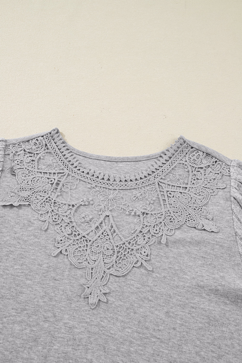 Gray Hollowed Lace Ribbed Knit Long Sleeve Patchwork Top