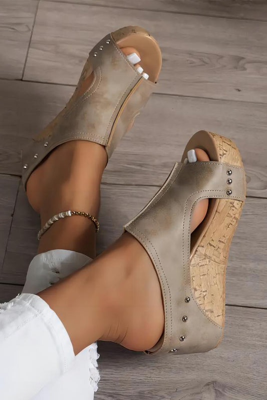 Gray Hollow Out Studded PU Leather Wedge Slippers