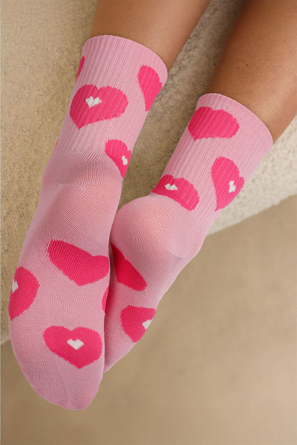 Light Pink Heart Print Ribbed Trim Soft Crew Socks