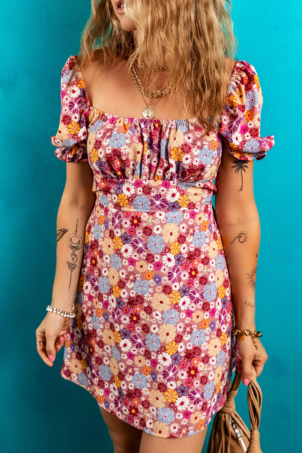 Red Floral Puff Sleeve Square Neck Knot Open Back Mini Dress