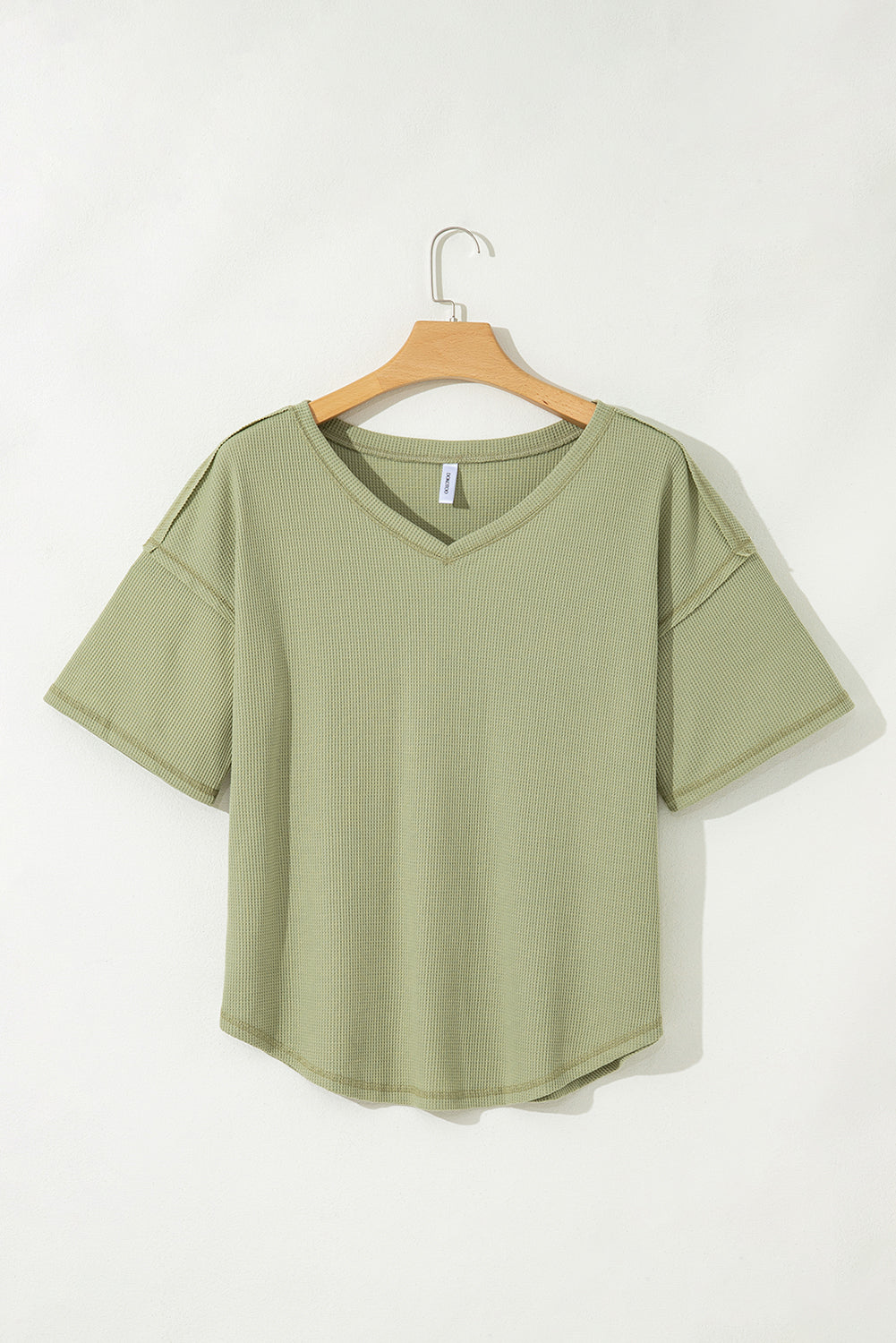 Green Exposed Seam Half Sleeve Knitted V Neck Textured Top