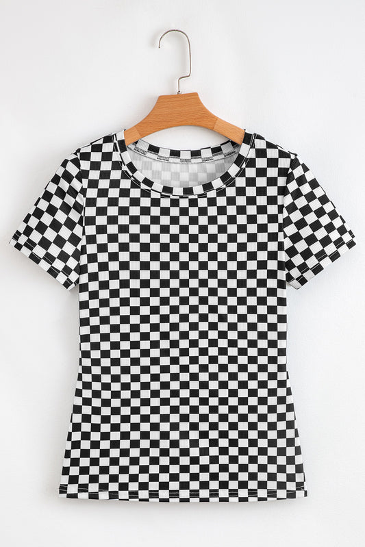 Black Checkered Ribbed Slim Fit Crew Neck T Shirt