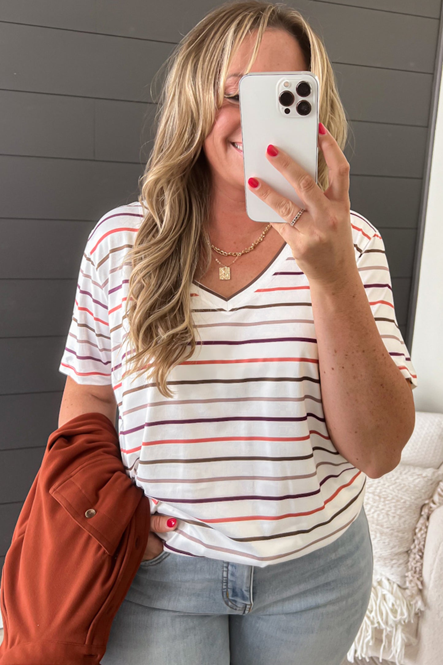 White Stripe V Neck Casual Plus Size Tee