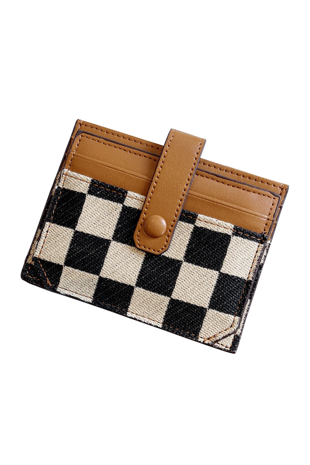 Coffee Leather Checkered Canvas Patchwork Card Storage Wallet