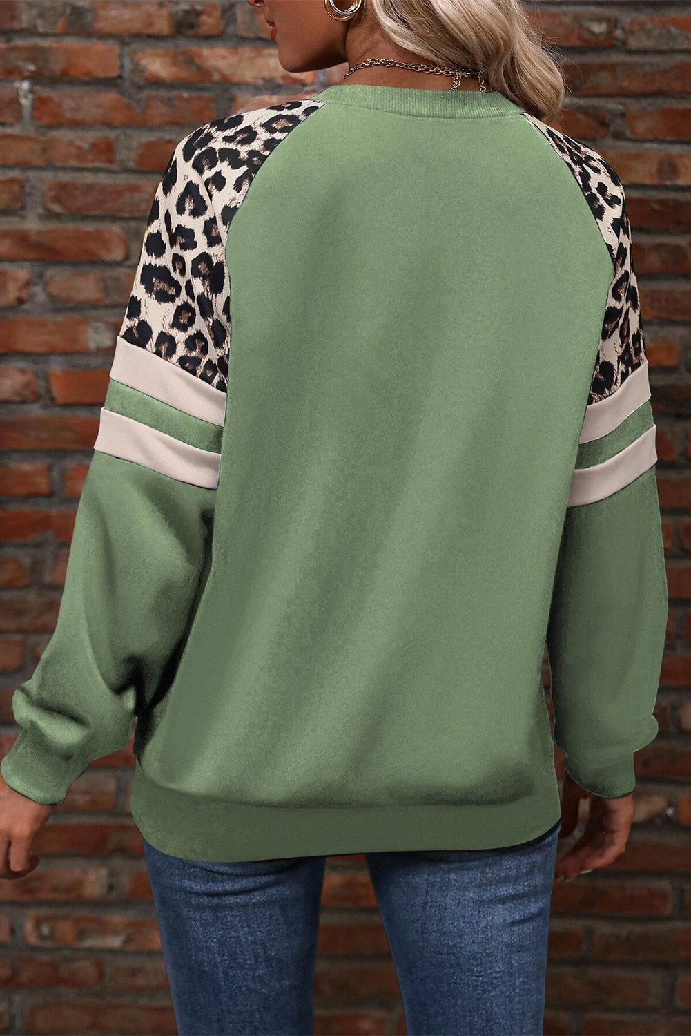 Grass Green Leopard Print Colorblock Raglan Sleeve Sweatshirt