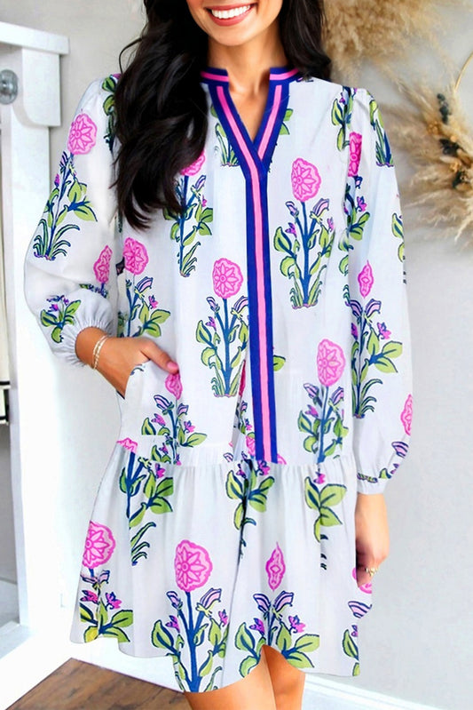 White Floral Print Contrast Striped Trim Notched Neck Long Sleeve Dress