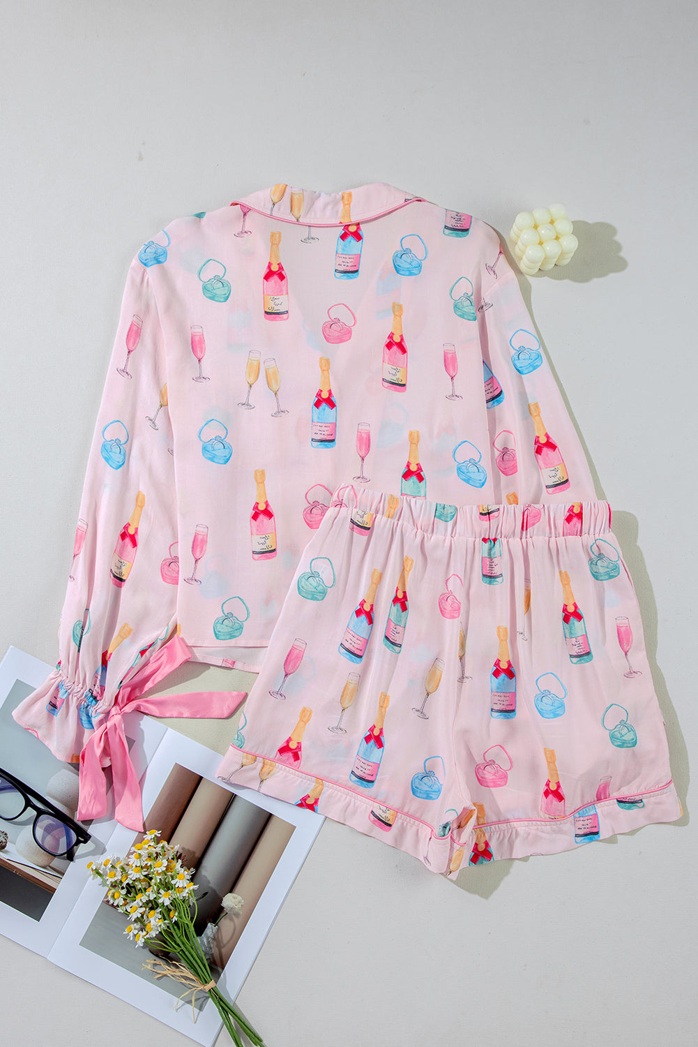 Light Pink Christmas Wine Glass Print Bow Knot Two Piece Pajama Set