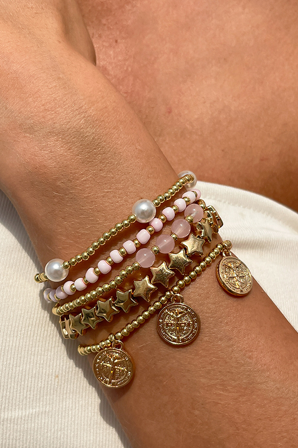 Gold Discs Pearl Stars Beaded Multi Layer Bracelet Set