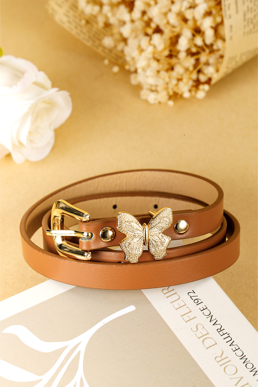 Thai Curry Butterfly Decor Buckle PU Leather Thin Waist Belt