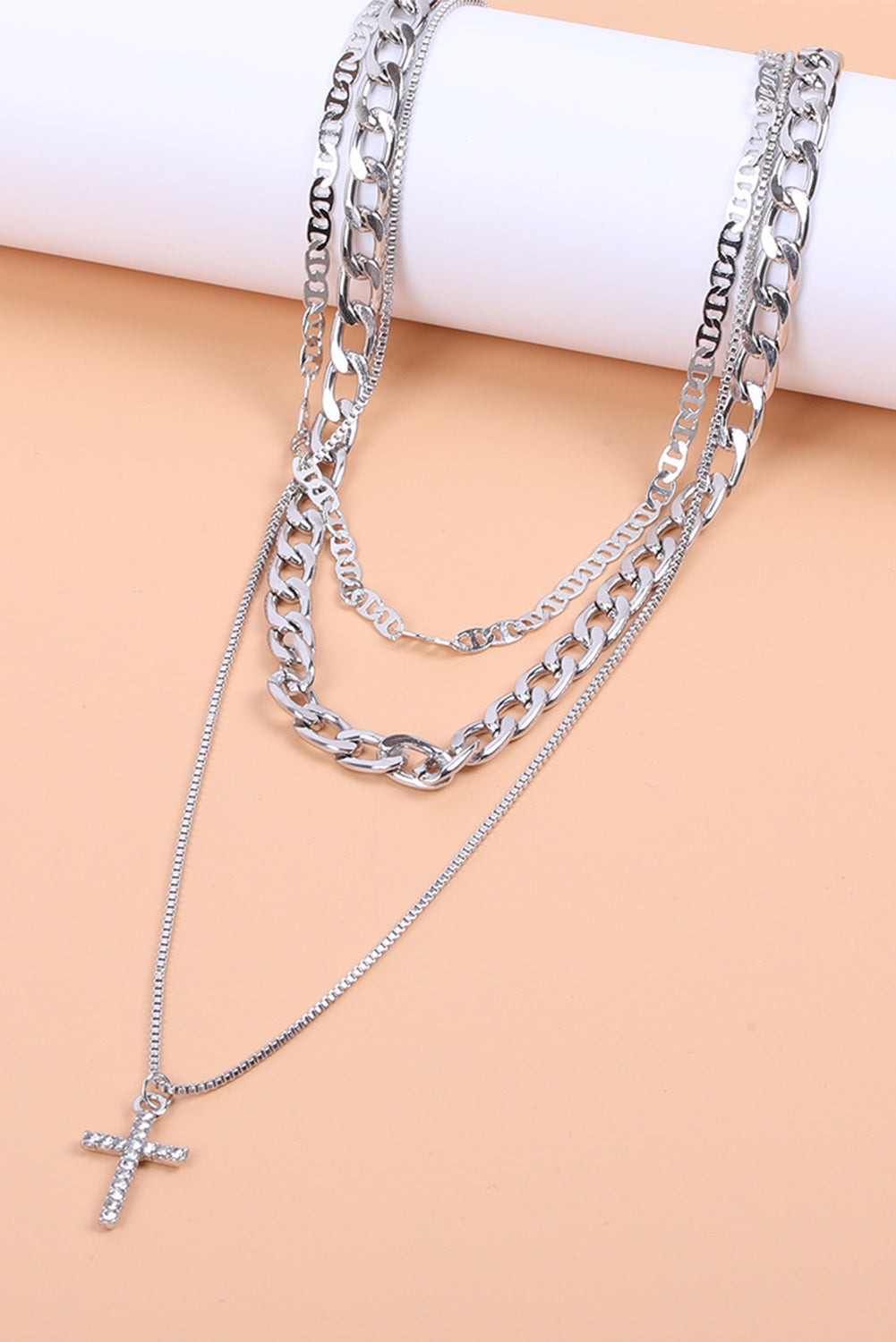 Silvery Plated Cross Pendant Multi Layer Stacked Chains Necklace