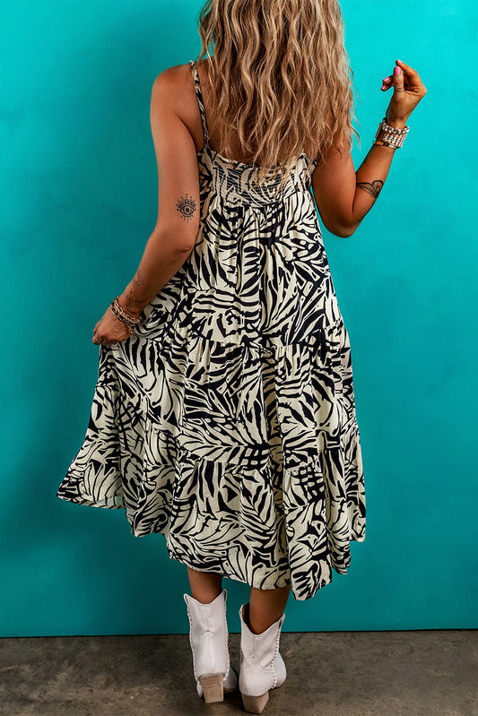 Khaki Tropical Palm Print Wrapped V Neck Spaghetti Straps Tiered Dress