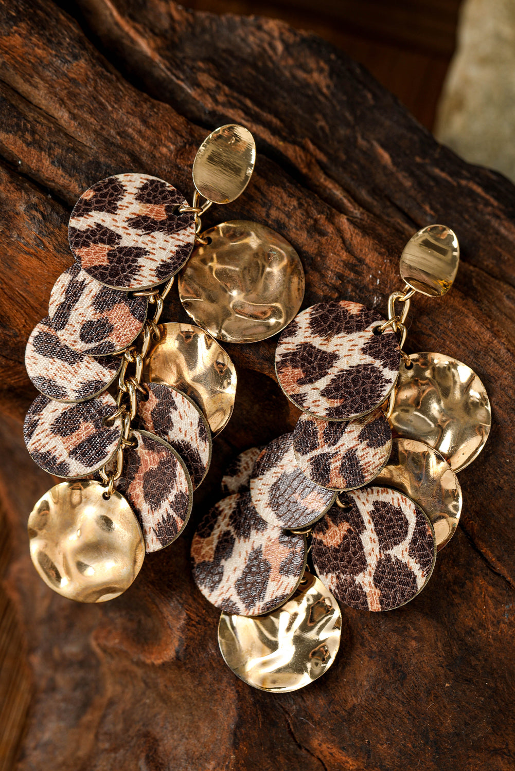 Chestnut Leopard Alloy Disc Stud Dangle Earrings