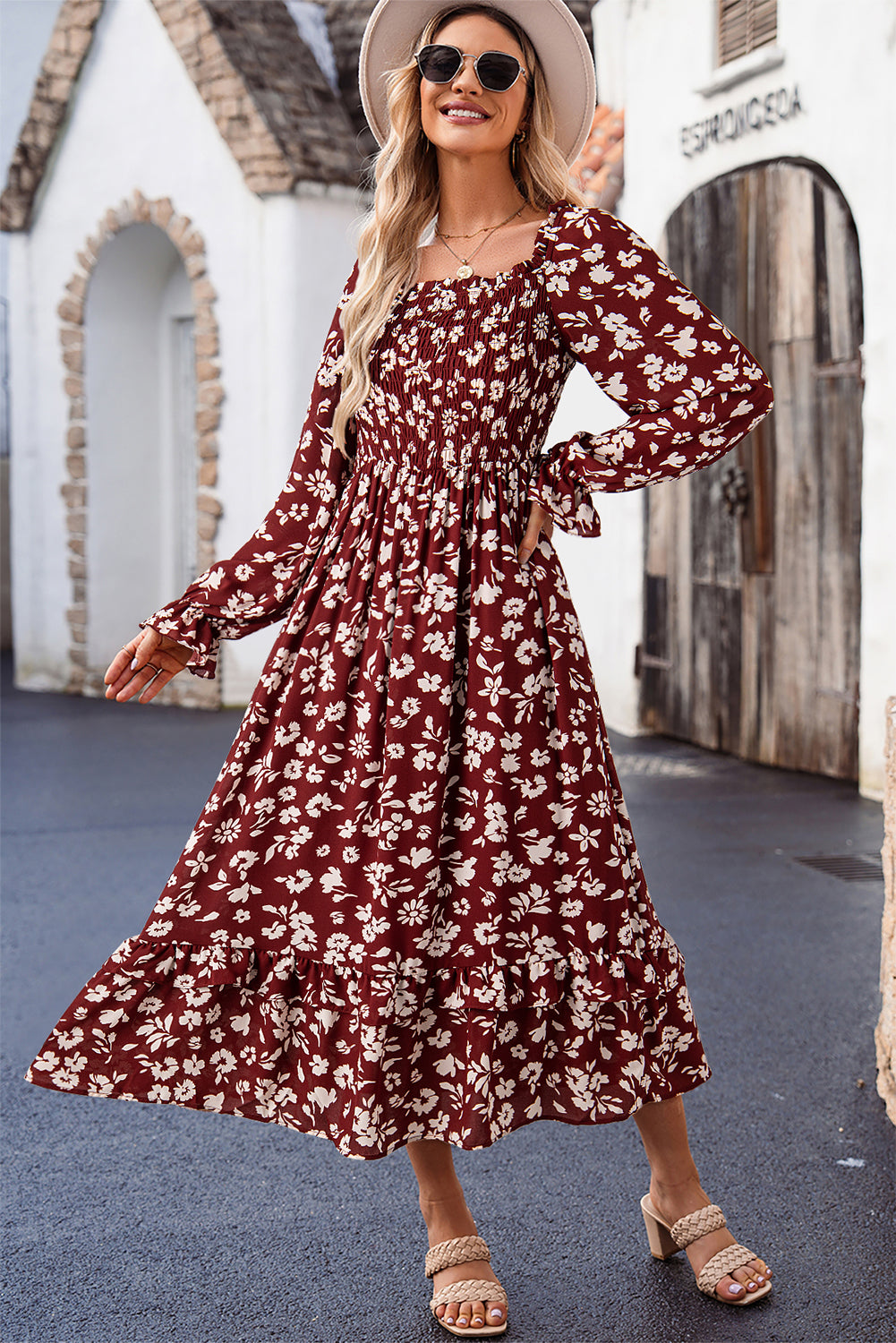 Red Floral Print Long Sleeve Square Neck Smocked Maxi Dress