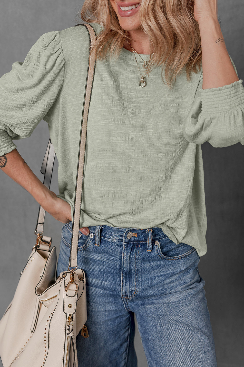 Laurel Green Textured Round Neck Half Sleeve Blouse