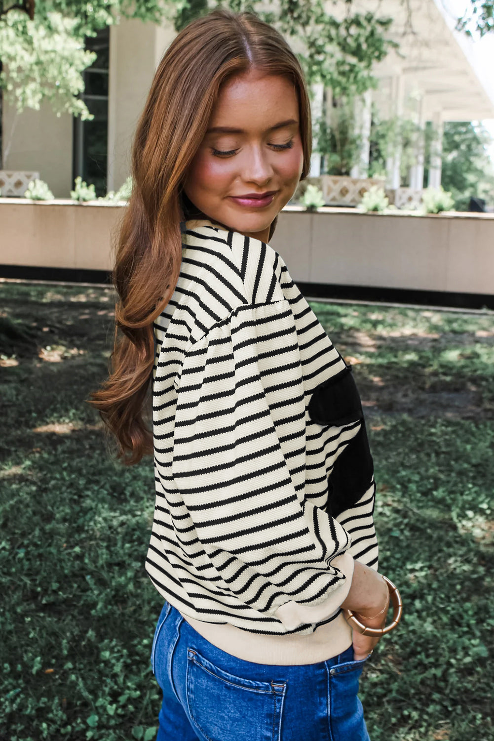 Black white Striped Big Flower Patched 3/4 Sleeve Top