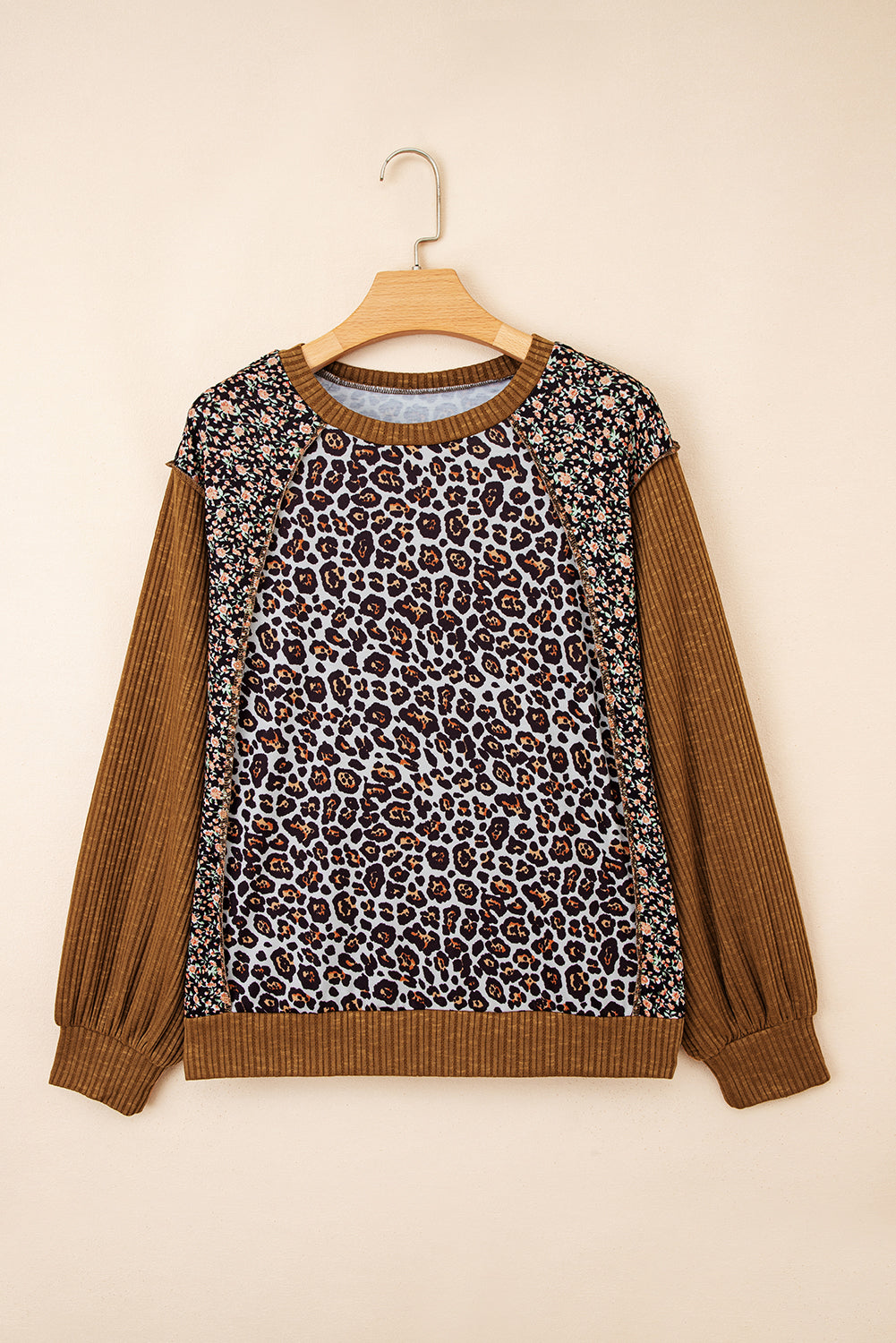 Brown Leopard Floral Print Ribbed Puff Sleeve Patchwork Loose Pullover
