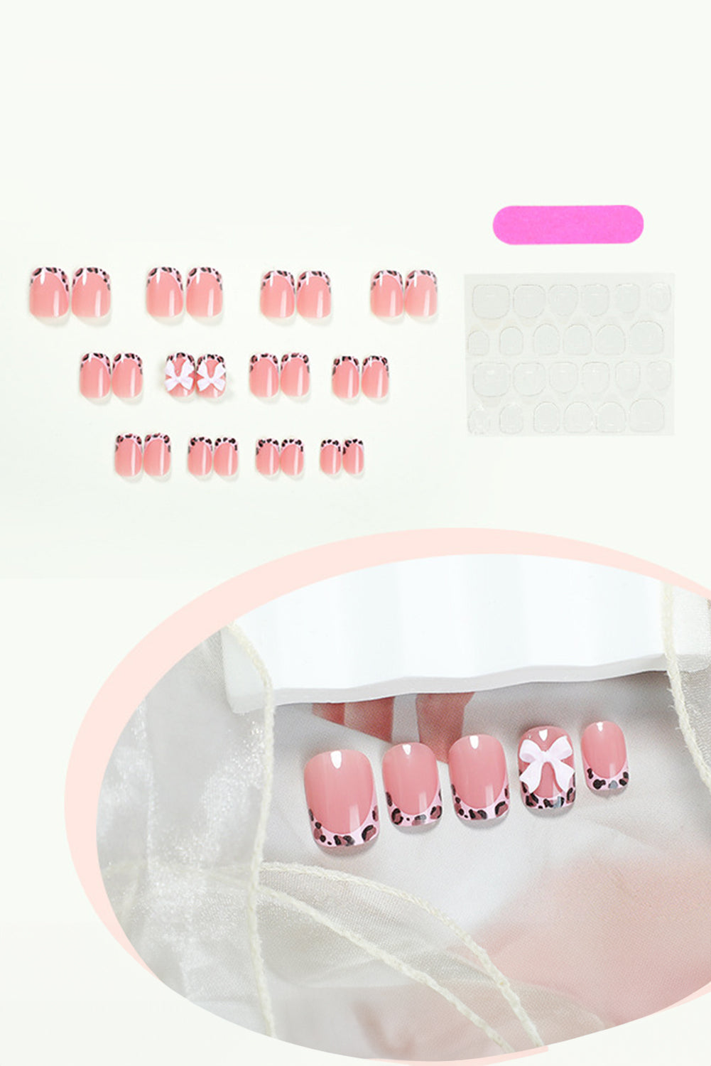 Pink Bow Decor Leopard Trim Nail Stickers