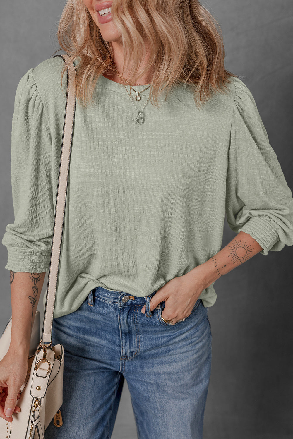Laurel Green Textured Round Neck Half Sleeve Blouse