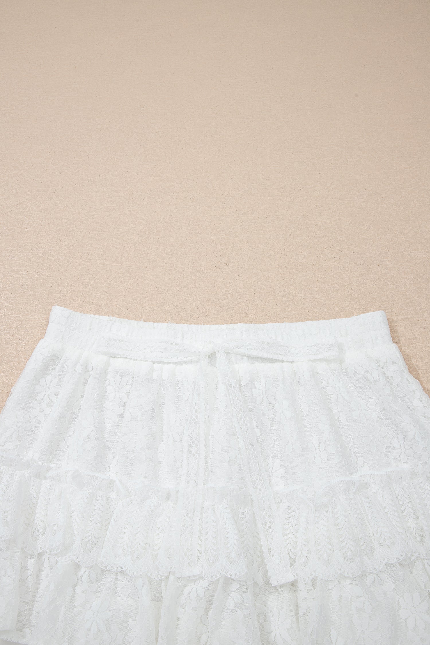 White Lace Ruffle Tiered Drawstring Elastic Waist Sweet Shorts