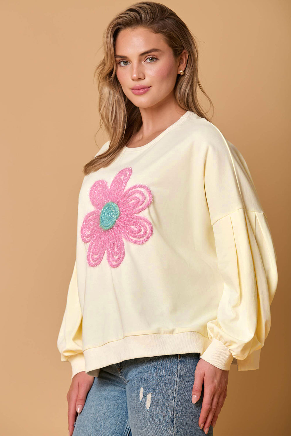 Beige Tinsel Flower Dropped Puff Sleeve Sweatshirt