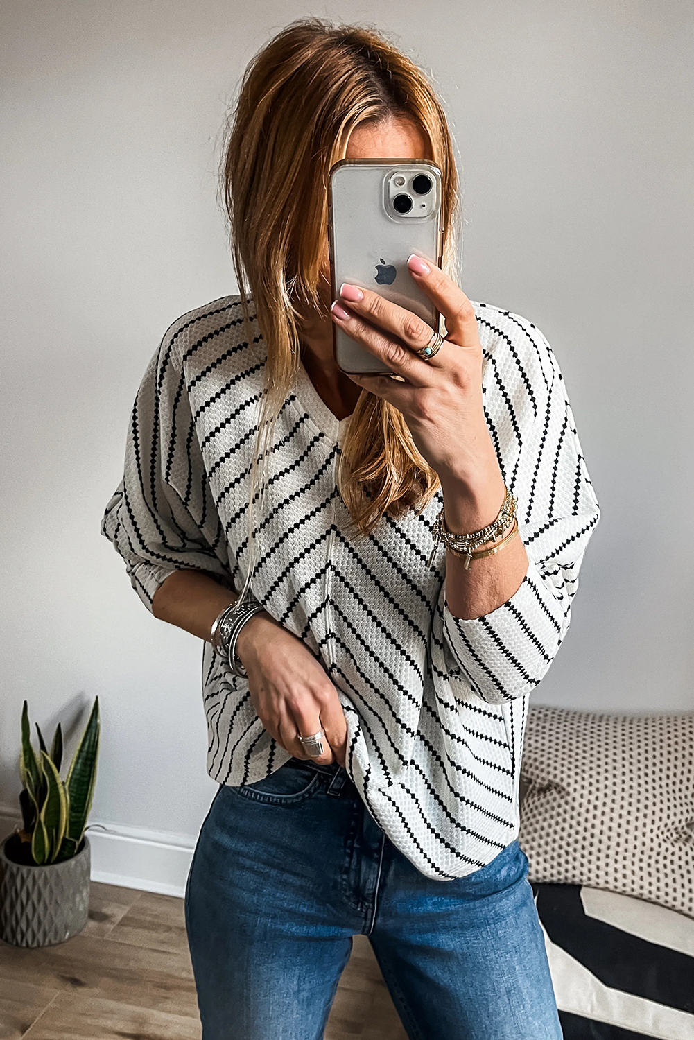 Black Stripe Chevron Striped V Neck Long Sleeve Casual Top