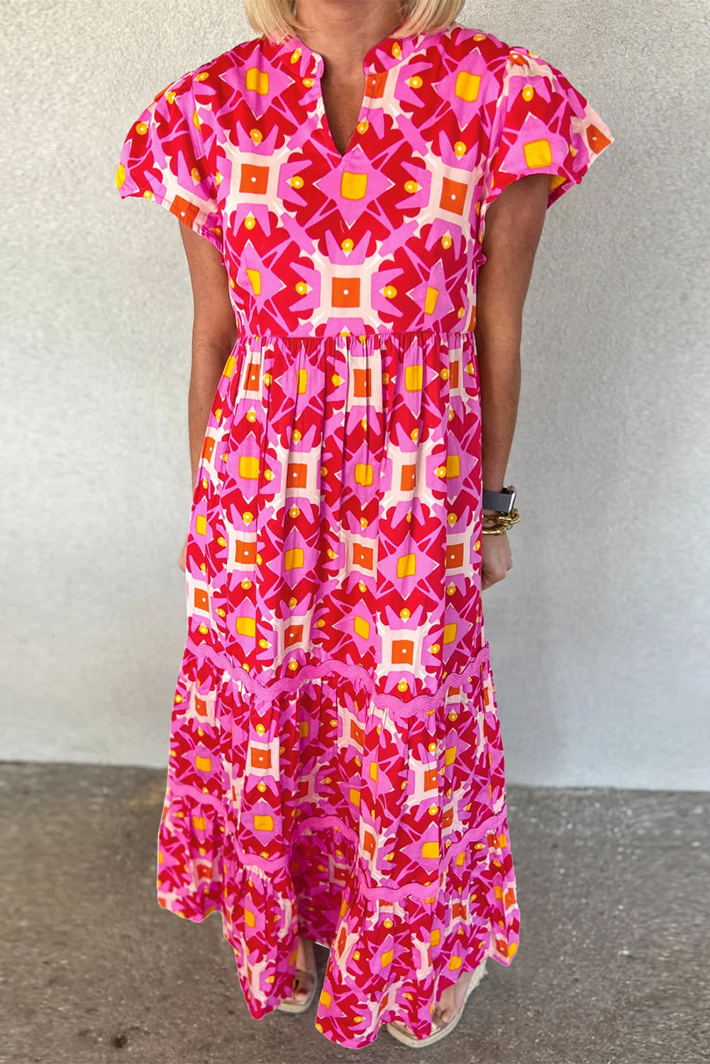 Strawberry Pink Geo Print V-neck Maxi Dress